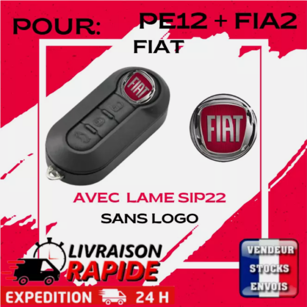 Coque clé 3 boutons pour Fiat gamme 500, Bravo, Punto + logo