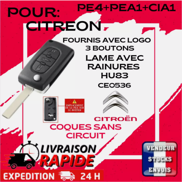 Coque Clef Boitier Citroën Jumpy, Expert, Expert tipee, 407, etc... 0536 / HU83