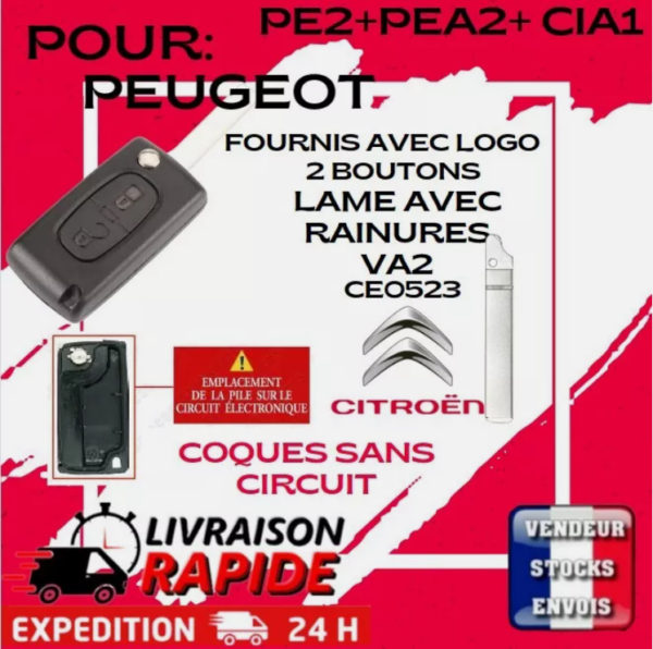 Coque clé Citroën, Berlingo, C3,C4, C8, Jumpy , CE0523 / VA2